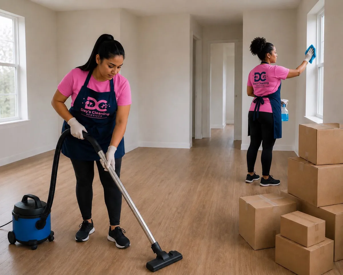 Day's Cleaning team vacuuming and cleaning an empty home during a move in or out