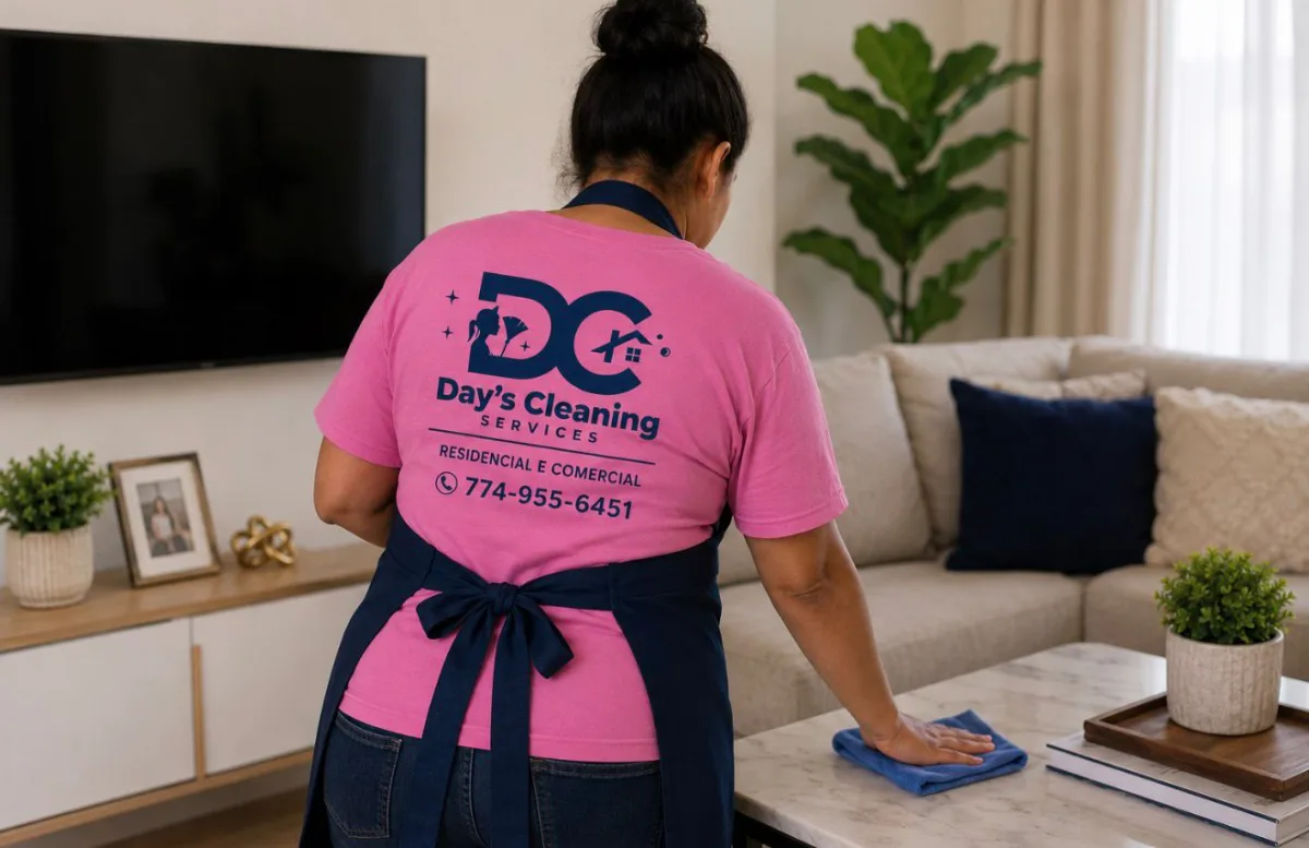 Day's Cleaning professional wiping down a living room table