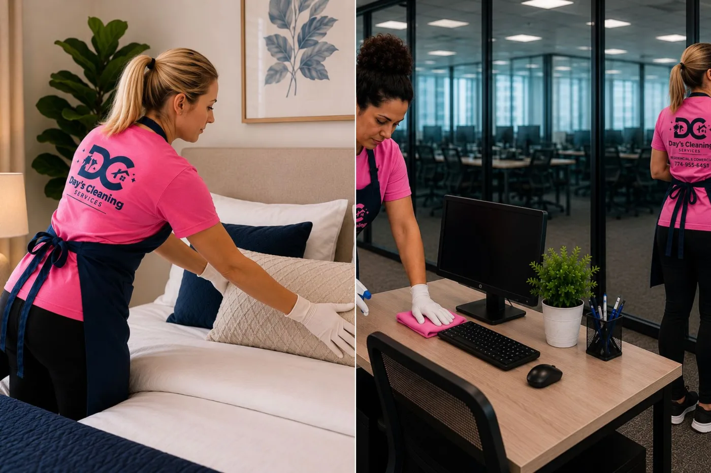 Day's Cleaning team cleaning a residential bedroom and a commercial office
