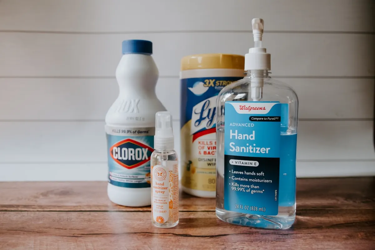 Flatlay of professional cleaning supplies and tools