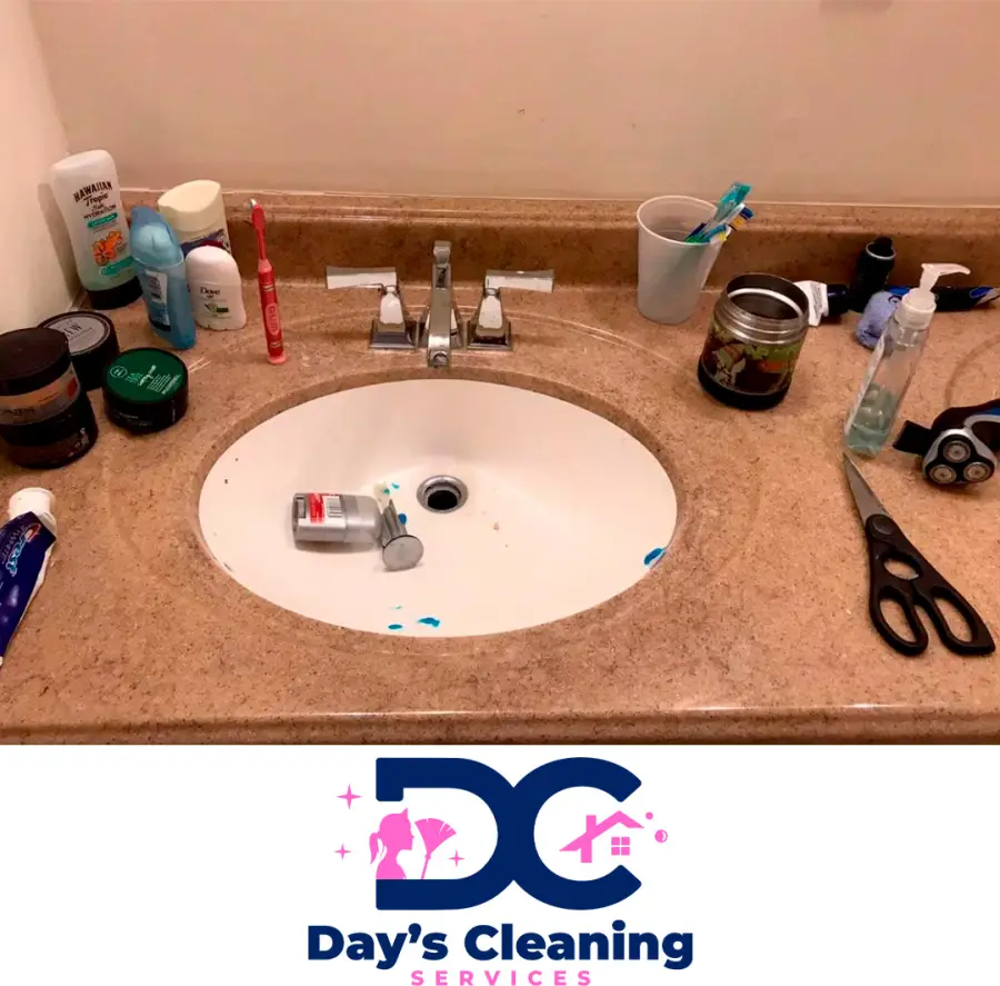 Before: cluttered bathroom vanity